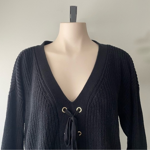 Guess Lace Up Long Knit Sweater Longline Black Vneck Boho Bohemian Size XL - Picture 5 of 6